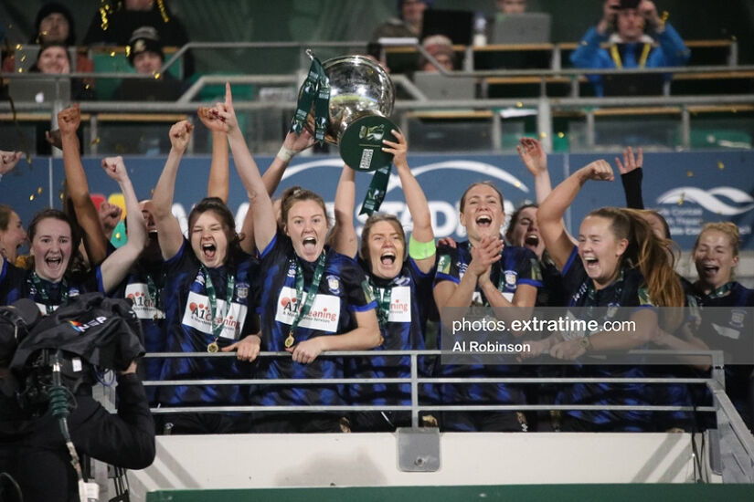 Athlone Town captain Laurie Ryan lifting the Women's FAI Cup in Tallaght