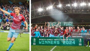 Andrew Quinn (left) celebrates scoring the opener with Drogheda United later lifting the FAI Cup at the Aviva Stadium