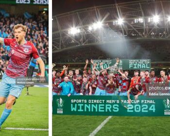 Andrew Quinn (left) celebrates scoring the opener with Drogheda United later lifting the FAI Cup at the Aviva Stadium