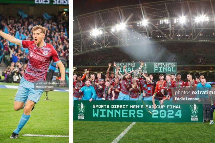 Andrew Quinn (left) celebrates scoring the opener with Drogheda United later lifting the FAI Cup at the Aviva Stadium