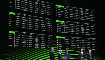 The screen shows the completed draw during the UEFA Conference League 2024/25 League Phase Draw at Grimaldi Forum on August 30, 2024 in Monaco, Monaco.