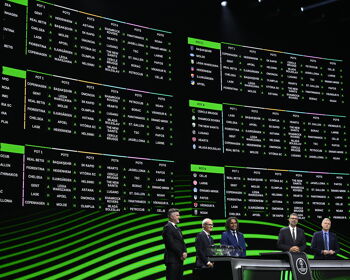 The screen shows the completed draw during the UEFA Conference League 2024/25 League Phase Draw at Grimaldi Forum on August 30, 2024 in Monaco, Monaco.