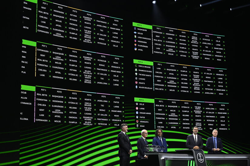 The screen shows the completed draw during the UEFA Conference League 2024/25 League Phase Draw at Grimaldi Forum on August 30, 2024 in Monaco, Monaco.