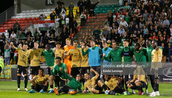 Ferencvaros celebrate after progressing to the Europa League in Tallaght Stadium last August. They lost 1-0 on the night but won the tie 4-1 on aggregate