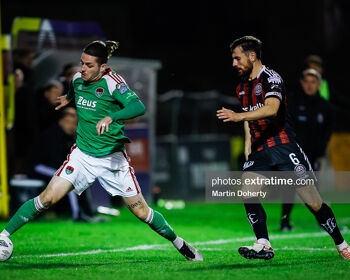 Ruairi Keating and Jordan Flores in action during the Bohemians v Cork City game on Friday, 3 November 2023.