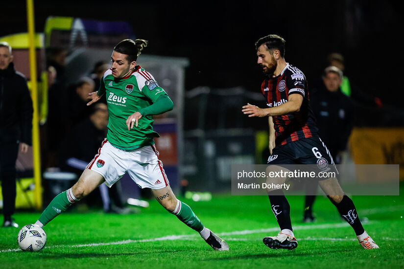 Ruairi Keating and Jordan Flores in action during the Bohemians v Cork City game on Friday, 3 November 2023.