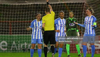 Isobel Finnegan being sent off by referee Alan Carey during Bohemians -v- DLR Waves at Dalymount Park on Wednesday, 29 March 2023.