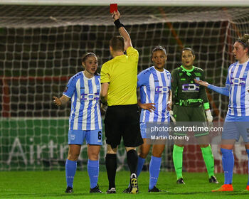 Isobel Finnegan being sent off by referee Alan Carey during Bohemians -v- DLR Waves at Dalymount Park on Wednesday, 29 March 2023.