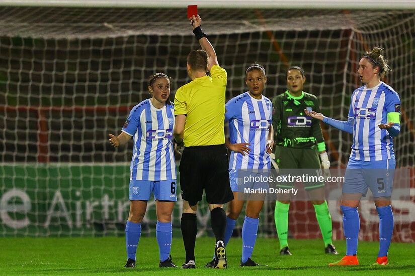 Isobel Finnegan being sent off by referee Alan Carey during Bohemians -v- DLR Waves at Dalymount Park on Wednesday, 29 March 2023.