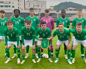 The Ireland under-19 starting XI pictured before the 3-1 Euro 2024 qualifying win over hosts Albania.