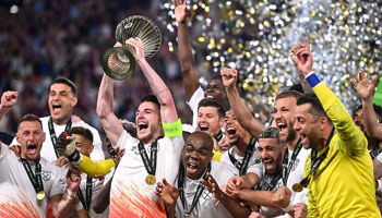 West Ham United captain Declan Rice lifts the trophy after his side's victory in the UEFA Europa Conference League Final 2022/23 match between ACF Fiorentina and West Ham United