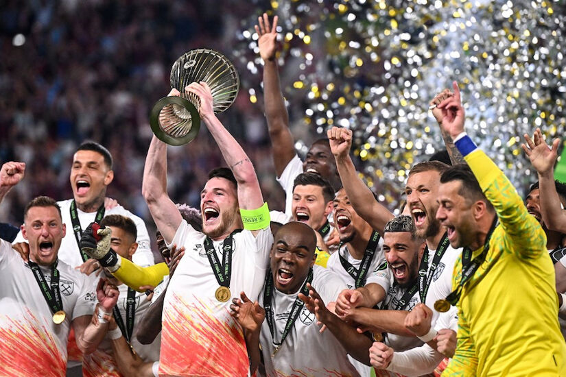 West Ham United captain Declan Rice lifts the trophy after his side's victory in the UEFA Europa Conference League Final 2022/23 match between ACF Fiorentina and West Ham United