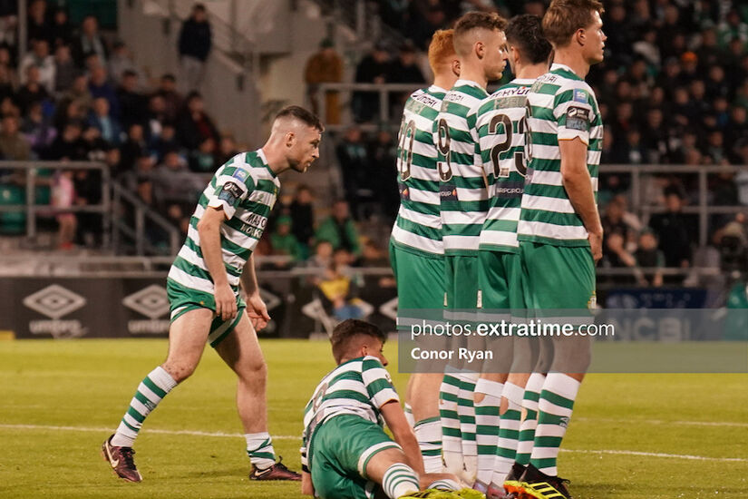 Shamrock Rovers line up their defensive wall against Bohs last week