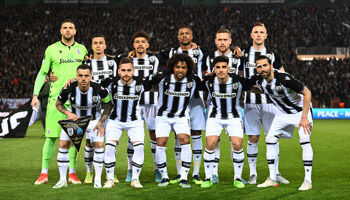 Players of PAOK Saloniki pose for a team photograph prior to the UEFA Conference League Quarter Final Leg Two match between PAOK Saloniki and Olympique Marseille at Toumba Stadium on April 14, 2022 in Thessaloniki, Greece.