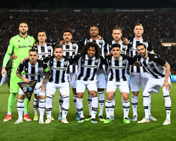 Players of PAOK Saloniki pose for a team photograph prior to the UEFA Conference League Quarter Final Leg Two match between PAOK Saloniki and Olympique Marseille at Toumba Stadium on April 14, 2022 in Thessaloniki, Greece.