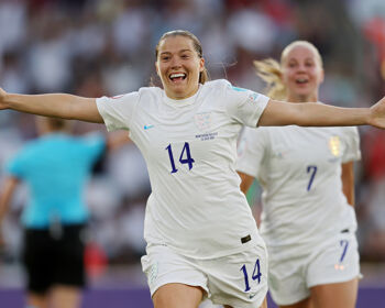 Fran Kirby celebrates after scoring for England against Northern Ireland at UEFA 2022.
