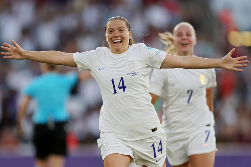 Fran Kirby celebrates after scoring for England against Northern Ireland at UEFA 2022.