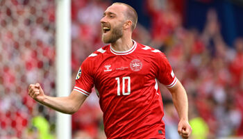 Christian Eriksen of Denmark celebrates scoring his team's first goal during the UEFA EURO 2024 group stage match between Slovenia and Denmark at Stuttgart Arena on June 16, 2024 in Stuttgart, Germany.