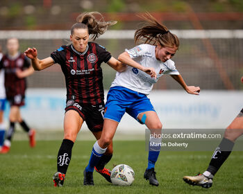 Stacey Murdough of Lisburn Ladies tackled by Fiona Donnelly of Bohemians on Sunday, 24 March 2024.