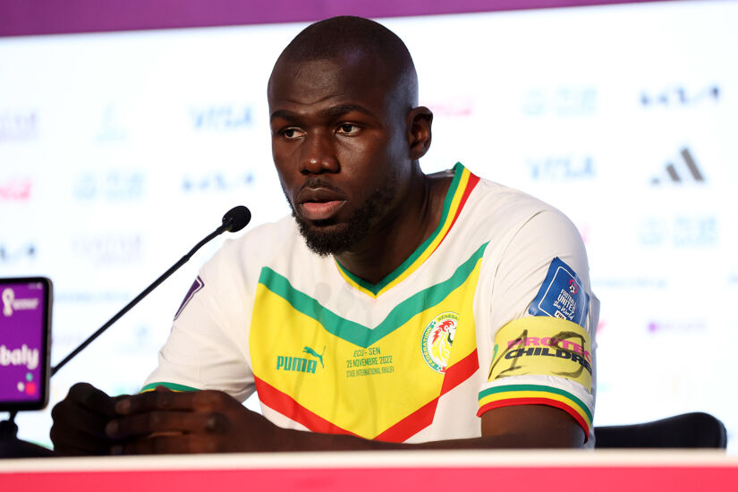 Kalidou Koulibaly of Senegal speaks to the media in the post match press conference after their victory during the FIFA World Cup Qatar 2022 Group A match between Ecuador and Senegal at Khalifa International Stadium