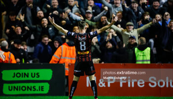 Dayle Rooney celebrates scoring for Bohemians against Derry City on Friday, 15 March 2024.