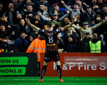 Dayle Rooney celebrates scoring for Bohemians against Derry City on Friday, 15 March 2024.