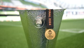 A general view of the UEFA Europa League Trophy ahead of the UEFA Europa League 2023/24 final match between Atalanta BC and Bayer 04 Leverkusen at Dublin Arena on May 20, 2024 in Dublin, Ireland