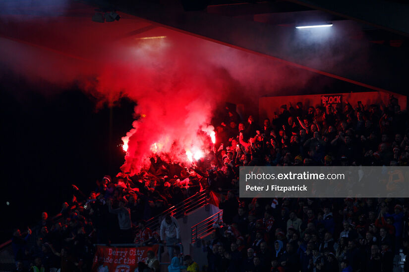 03.03.2023, Tallaght Stadium, Dublin, Leinster, Ireland, SSE Airtricity League Premier Division, Shamrock Rovers v Derry City; Derry supporter with flares