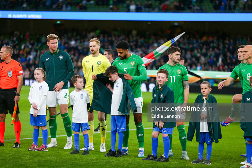 Andrew Omobamidele gives us warm up top to ball kid ahead of kick-off at a cold Aviva Stadium on Tuesday night