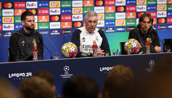 Nacho Fernandez and Luka Modric of Real Madrid and Carlo Ancelotti, Head Coach of Real Madrid, speak to the media during a Real Madrid CF Press Conference ahead of their UEFA Champions League 2023/24 Final match against Borussia Dortmund at Wembley