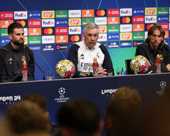 Nacho Fernandez and Luka Modric of Real Madrid and Carlo Ancelotti, Head Coach of Real Madrid, speak to the media during a Real Madrid CF Press Conference ahead of their UEFA Champions League 2023/24 Final match against Borussia Dortmund at Wembley