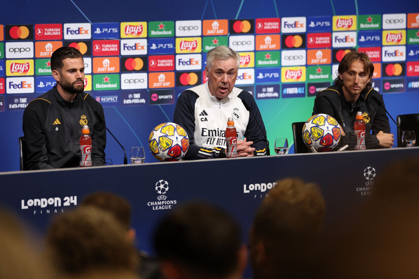 Nacho Fernandez and Luka Modric of Real Madrid and Carlo Ancelotti, Head Coach of Real Madrid, speak to the media during a Real Madrid CF Press Conference ahead of their UEFA Champions League 2023/24 Final match against Borussia Dortmund at Wembley