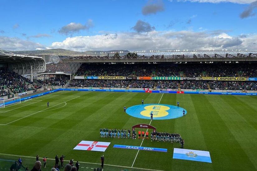 Northern Ireland and San Marino line up for anthems ahead of kick-off in Belfast