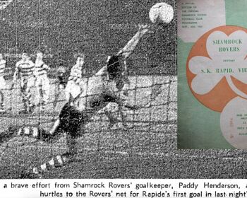 Shamrock Rovers concede a free kick to Rapid Vienna in the first leg in Austria in their 1964 European Cup tie