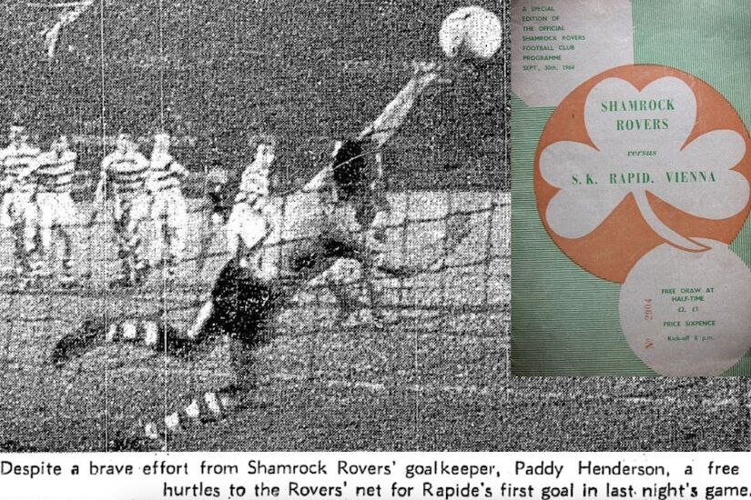 Shamrock Rovers concede a free kick to Rapid Vienna in the first leg in Austria in their 1964 European Cup tie