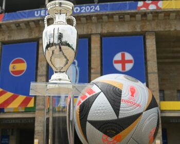 A view of the UEFA Euro Trophy ahead of the UEFA 2024 Final between Spain and England at Olympiastadion Berlin on July 13, 2024 in Berlin, Germany.