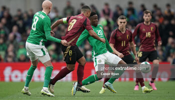 Chiedozie Ogbene challenged by Youri Tielemans during Republic of Ireland -v- Belgium, Aviva Stadium. Saturday, 23 March 2024.