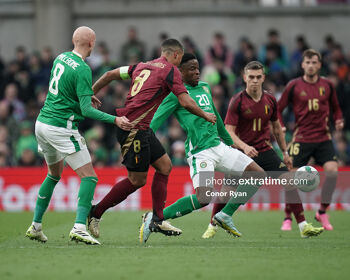 Chiedozie Ogbene challenged by Youri Tielemans during Republic of Ireland -v- Belgium, Aviva Stadium. Saturday, 23 March 2024.