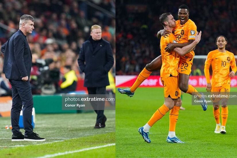 Stephen Kenny (left) and Ronald Koeman with Wout Weghorst celebrating the winner over Ireland