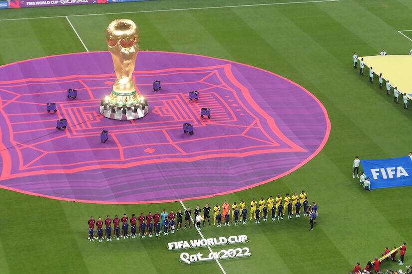 Qatar and Ecuador line up before the anthems of the World Cup opening game