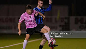 Wexford FC's Thomas Considine (pink) with Athlone Town's, Glen McAuley, during the Athlone Town v Wexford FC, SSE Airtricity 1st Division match at Athlone Town Stadium, Athlone.