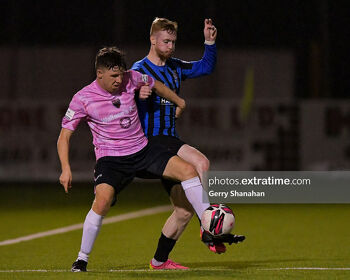 Wexford FC's Thomas Considine (pink) with Athlone Town's, Glen McAuley, during the Athlone Town v Wexford FC, SSE Airtricity 1st Division match at Athlone Town Stadium, Athlone.