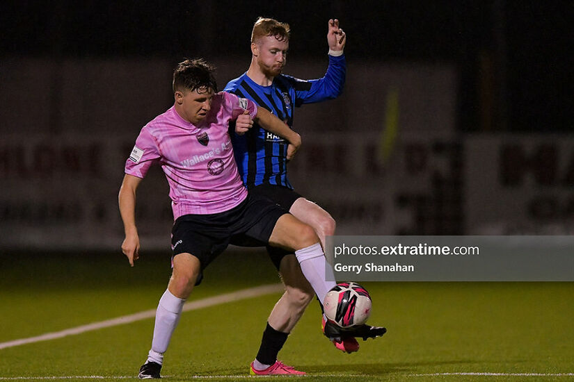 Wexford FC's Thomas Considine (pink) with Athlone Town's, Glen McAuley, during the Athlone Town v Wexford FC, SSE Airtricity 1st Division match at Athlone Town Stadium, Athlone.