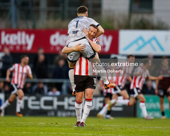 Goalkeeper Brian Maher celebrates with Shane McEleney