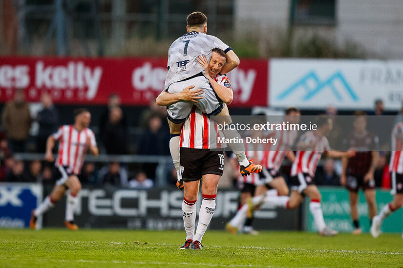 Goalkeeper Brian Maher celebrates with Shane McEleney