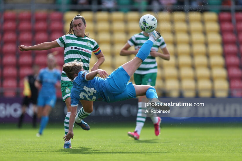 Freya Healy with an acrobatic effort for Peamount while Shamrock Rovers skipper Jess Gargan looks on
