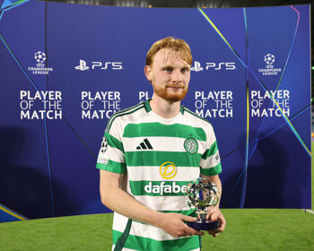 Liam Scales of Celtic poses for a photo with his Player of the Match trophy after the UEFA Champions League 2024/25 League Phase MD1 match between Celtic FC and SK Slovan Bratislava at Celtic Park on September 18, 2024 in Glasgow, Scotland.