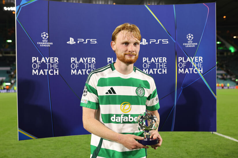 Liam Scales of Celtic poses for a photo with his Player of the Match trophy after the UEFA Champions League 2024/25 League Phase MD1 match between Celtic FC and SK Slovan Bratislava at Celtic Park on September 18, 2024 in Glasgow, Scotland.