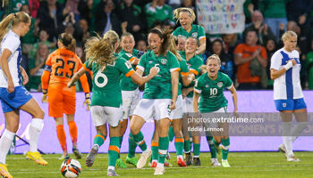 Irish players celebrate after scoring during the Republic of Ireland v Finland, 2023 FIFA Women’s World Cup Qualifying game at Tallaght Stadium, Dublin, Ireland.