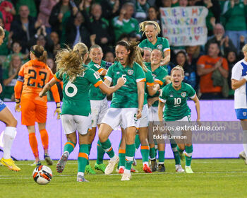Irish players celebrate after scoring during the Republic of Ireland v Finland, 2023 FIFA Women’s World Cup Qualifying game at Tallaght Stadium, Dublin, Ireland.